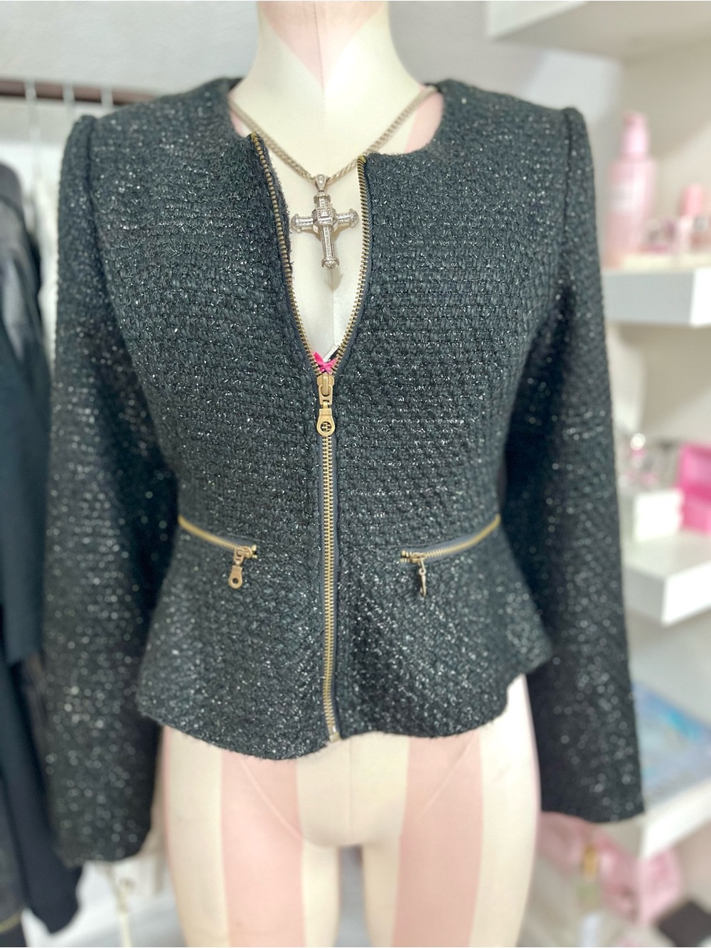 Black Tweed Zip-Front Peplum Jacket